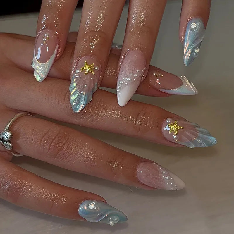 Almond Press-On Nails - 3D Floral, Butterfly & French Tip, 24 Pieces