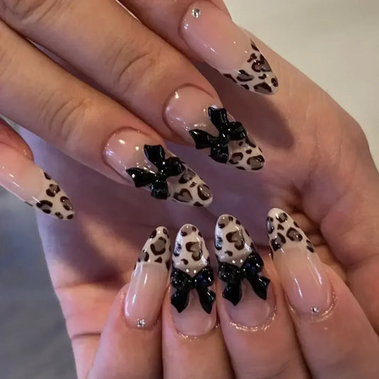 French Almond Press-On Nails – Leopard Print & 3D Bow Designs, 24 Pieces