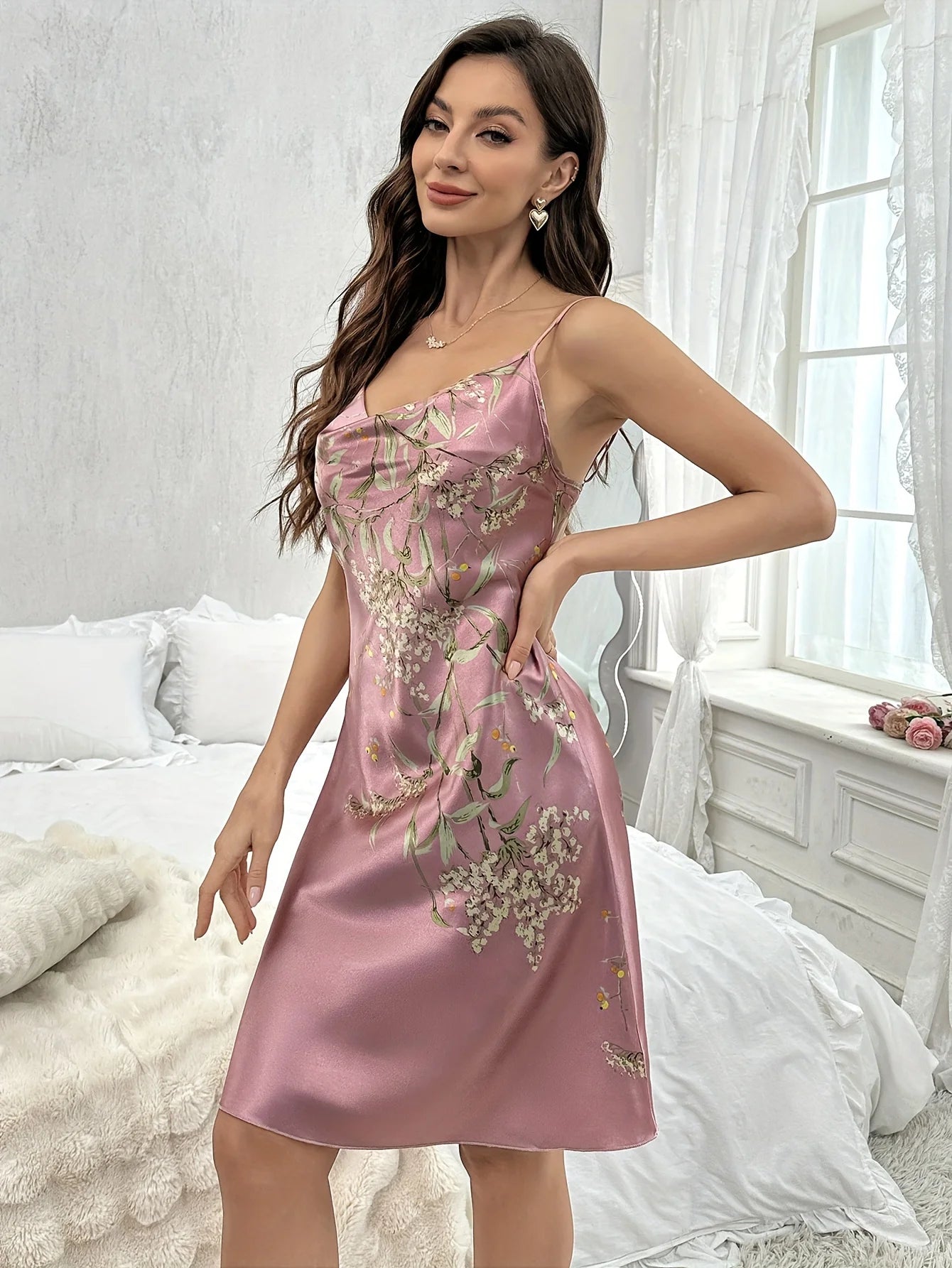 Floral Satin Camisole Nightdress — Draped Cowl Neck Slip Dress | Women's Luxury Sleepwear