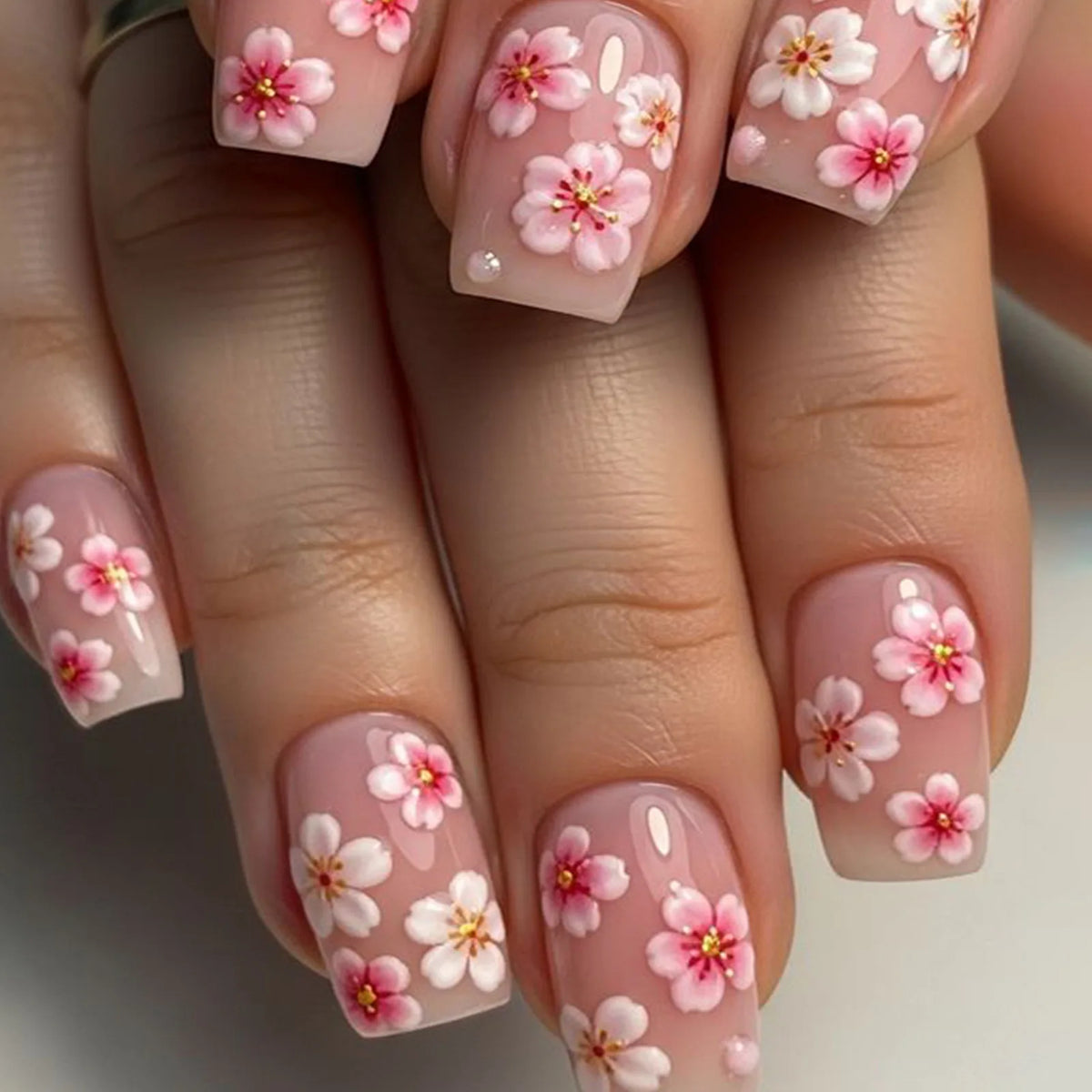 Short Square Press-On Nails - Purple Floral & Gradient French, 24 Pieces
