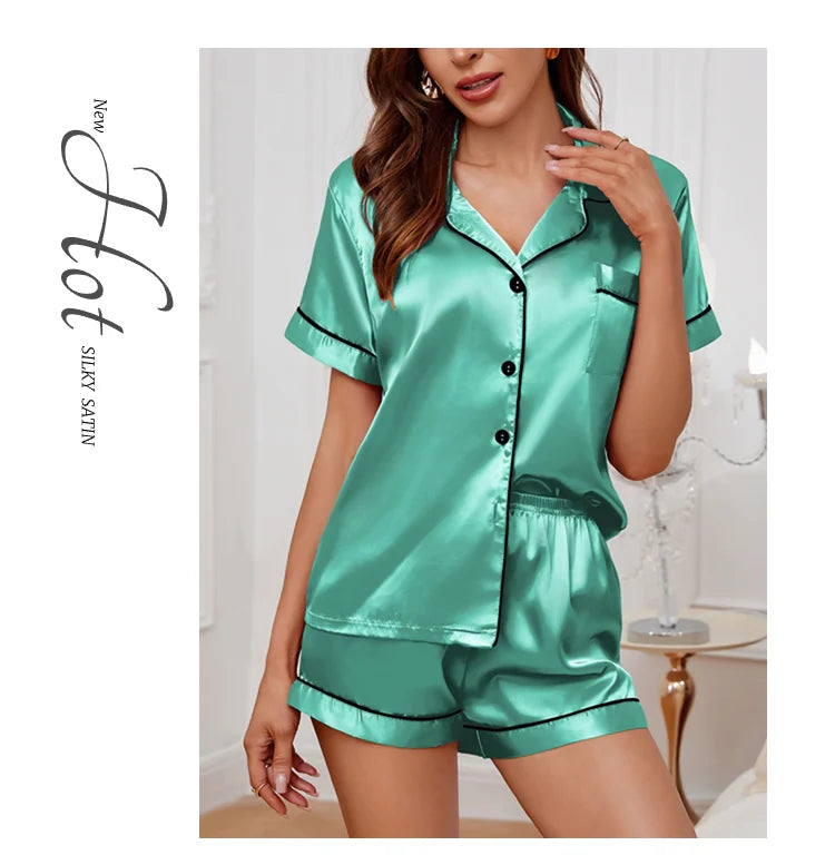 Satin Pajamas Set — Short Sleeve Button Top & Shorts | Women's Summer Sleepwear