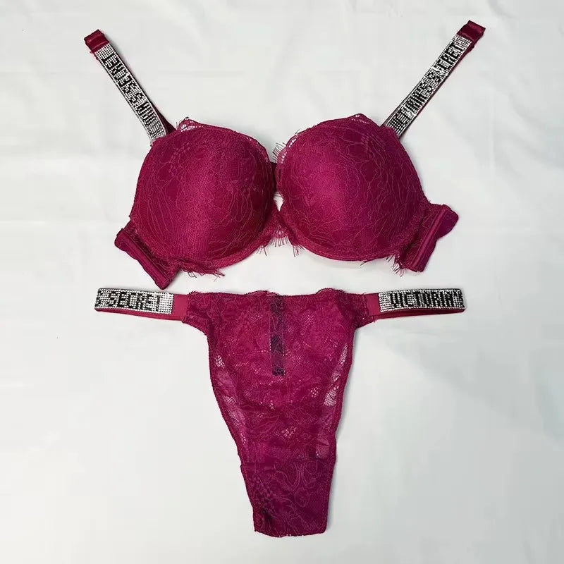 Women's Gathered Lace Push-Up Bra & Panty Set – Padded Shapewear Lingerie