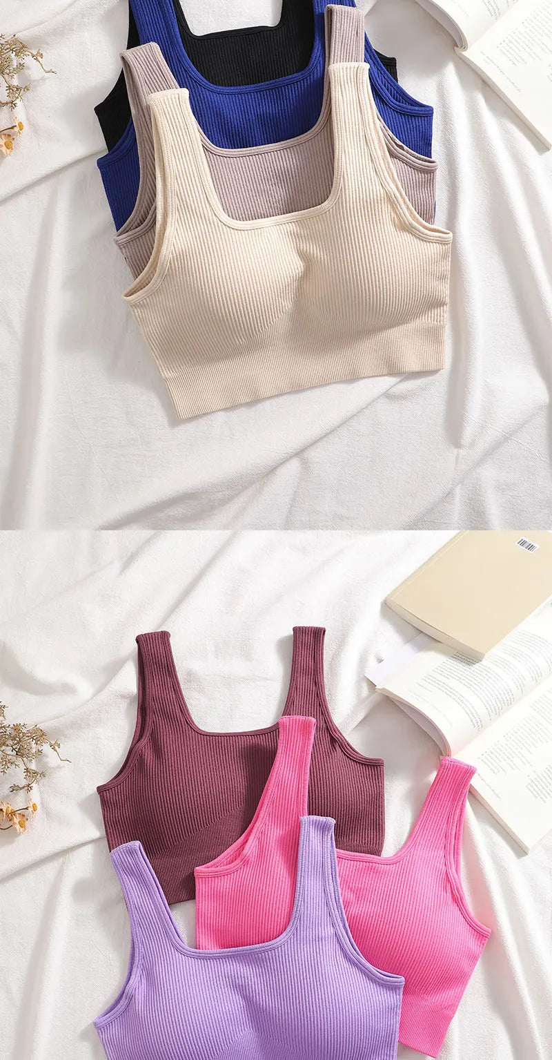 Women's Ribbed Yoga Tank Top – Padded Sports Bra | Square Neck Workout Vest