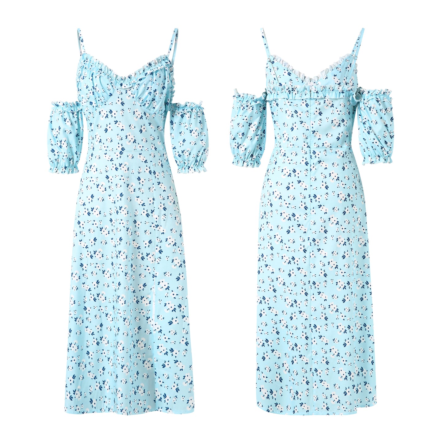 New Summer Elegant Casual Floral Print Off Shoulder Split Dress Women Short Sleeve Slim Midi Dress for Club Party Holiday