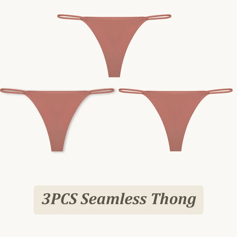 3-Pack Seamless Ice Silk Thong Panties – Low-Rise Flexible Underwear for Women (XS–XL, 25 Color Sets)