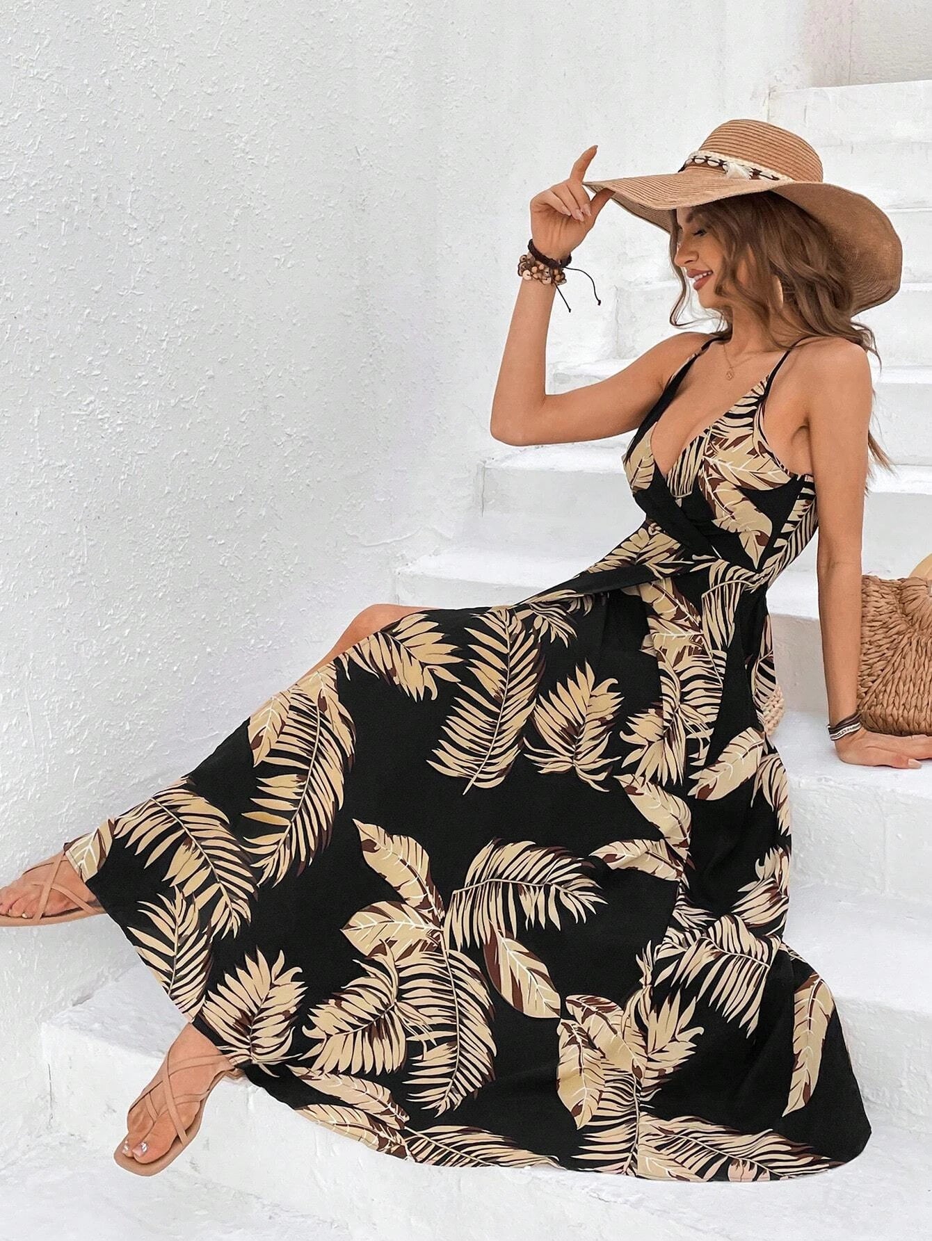 Tropical Print Thigh-High Slit Backless Spaghetti Strap Dress 1056