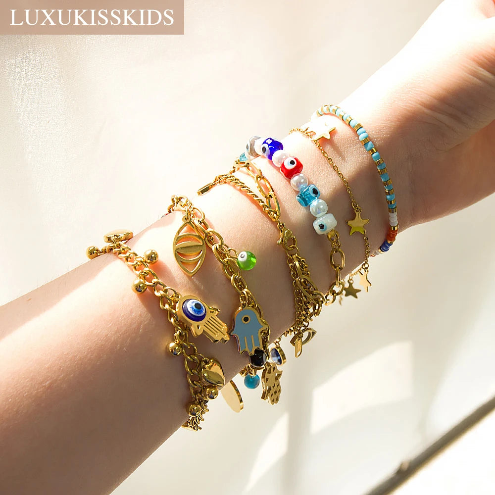 Evil Eye Bracelet – 18K Gold-Plated Stainless Steel Boho Charm Bracelet for Women