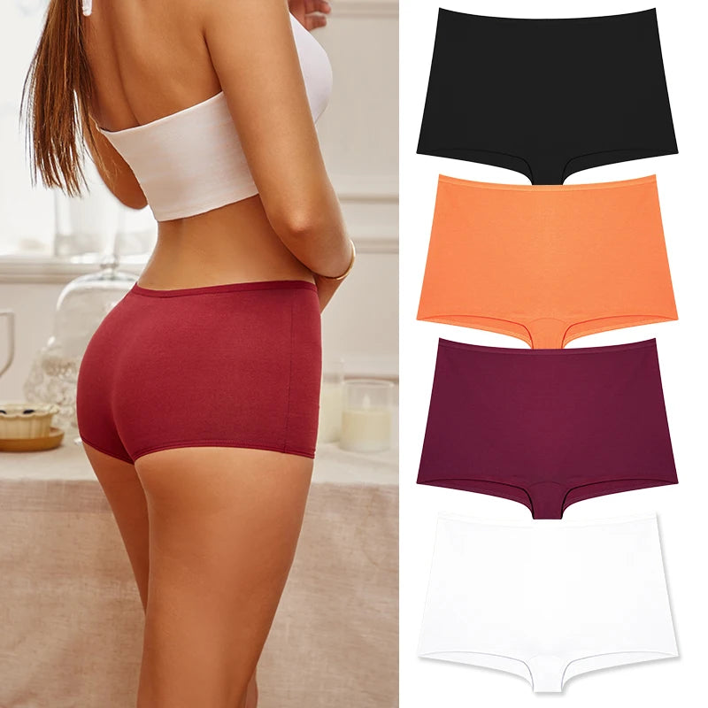 Women's Cotton Boyshort Panties – 4-Piece Set | Seamless Comfortable Underwear (XS–1XL)
