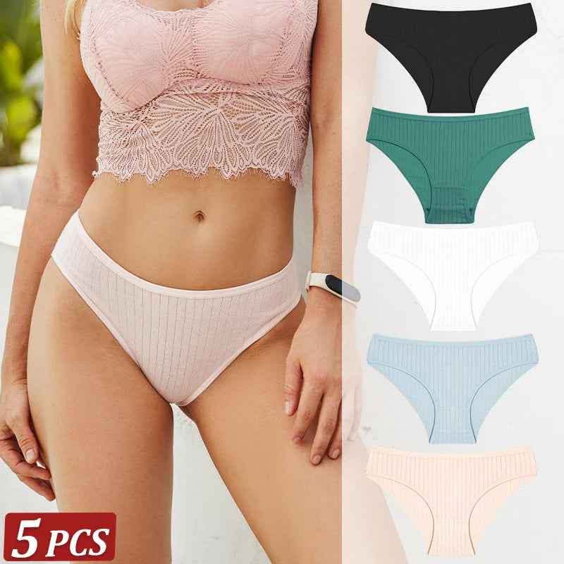 5-Pack Cotton Striped & Solid Brief Panties – Breathable Low-Rise Underwear for Women (M–XL, 12 Color Sets)