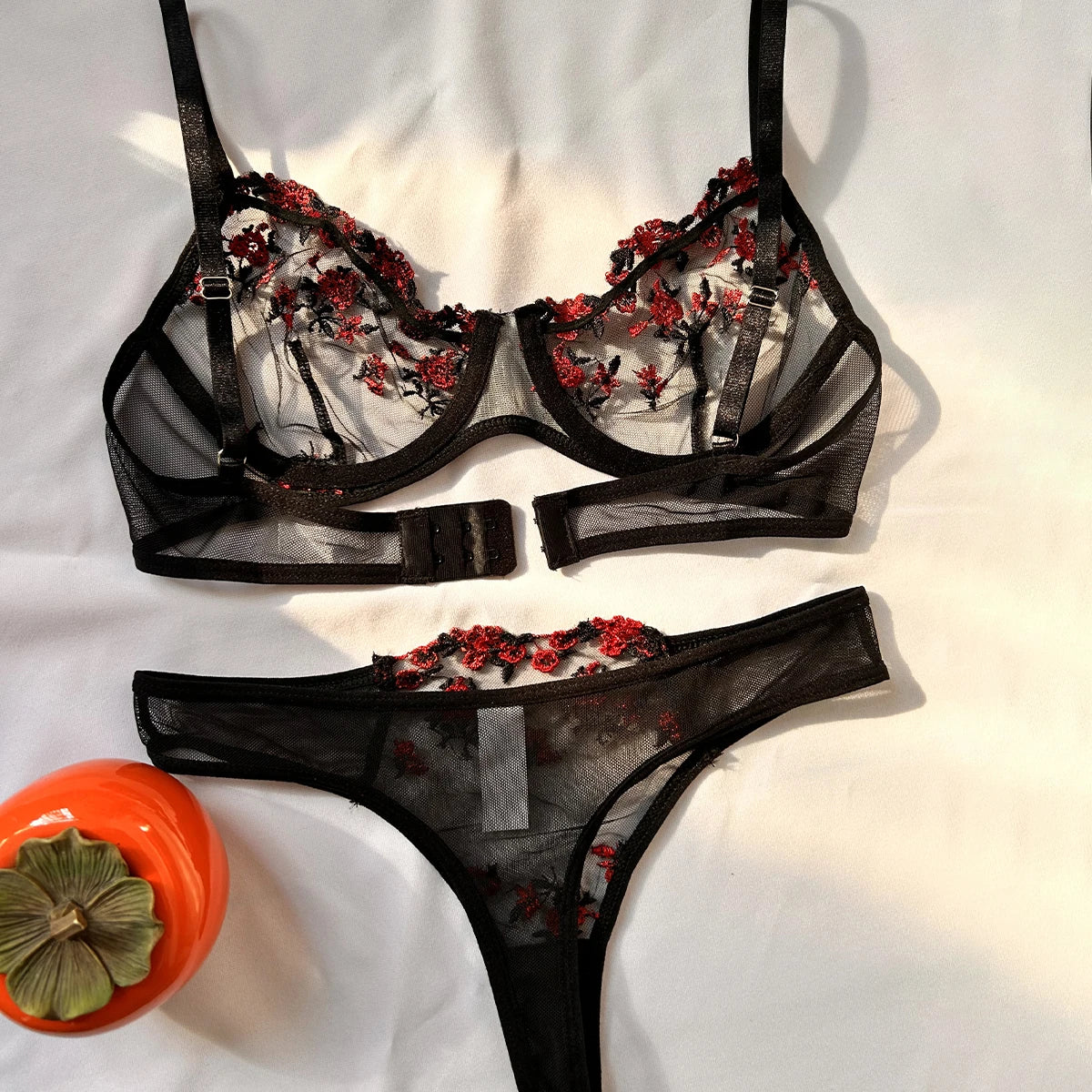 Embroidered Lace Triangle Bra & Thong Set — Wire-Free Bow Detail | Women's Sexy Lingerie