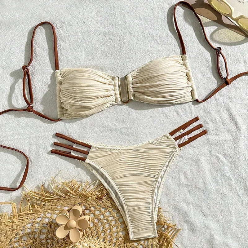 Ruched Bandeau Bikini Set — Brazilian Cut with Metal Detail | Women's Swimwear
