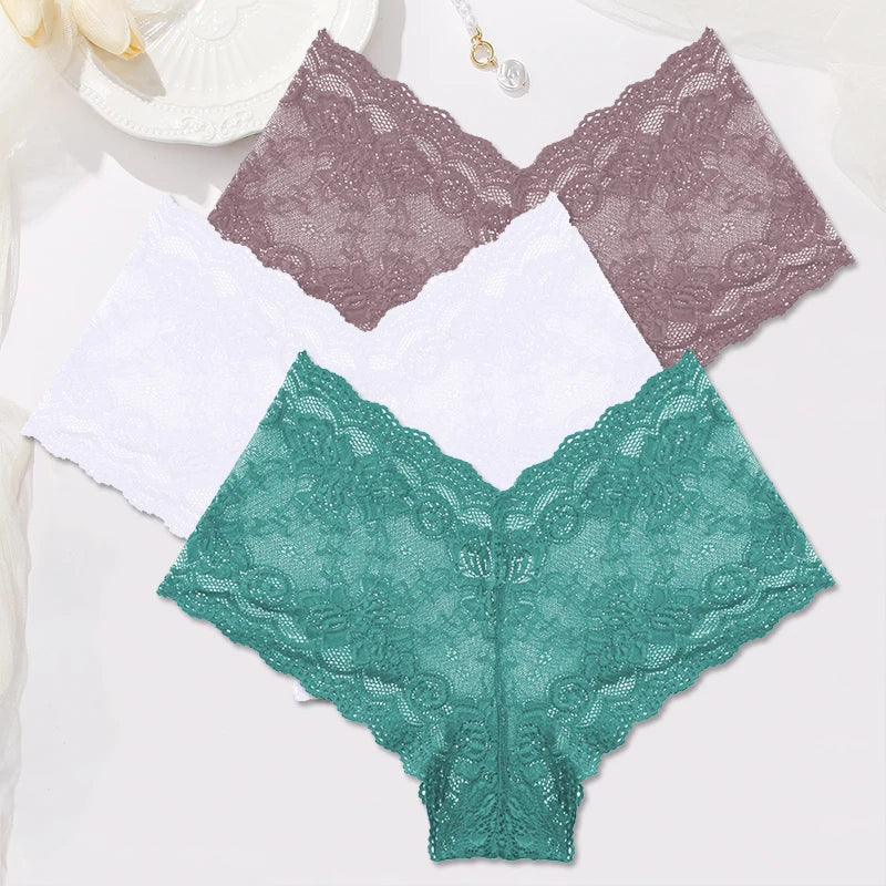 3-Pack Floral Lace Boyshort Panties – Low-Rise Ultra-Thin Underwear for Women (S–XL, 10 Color Sets)