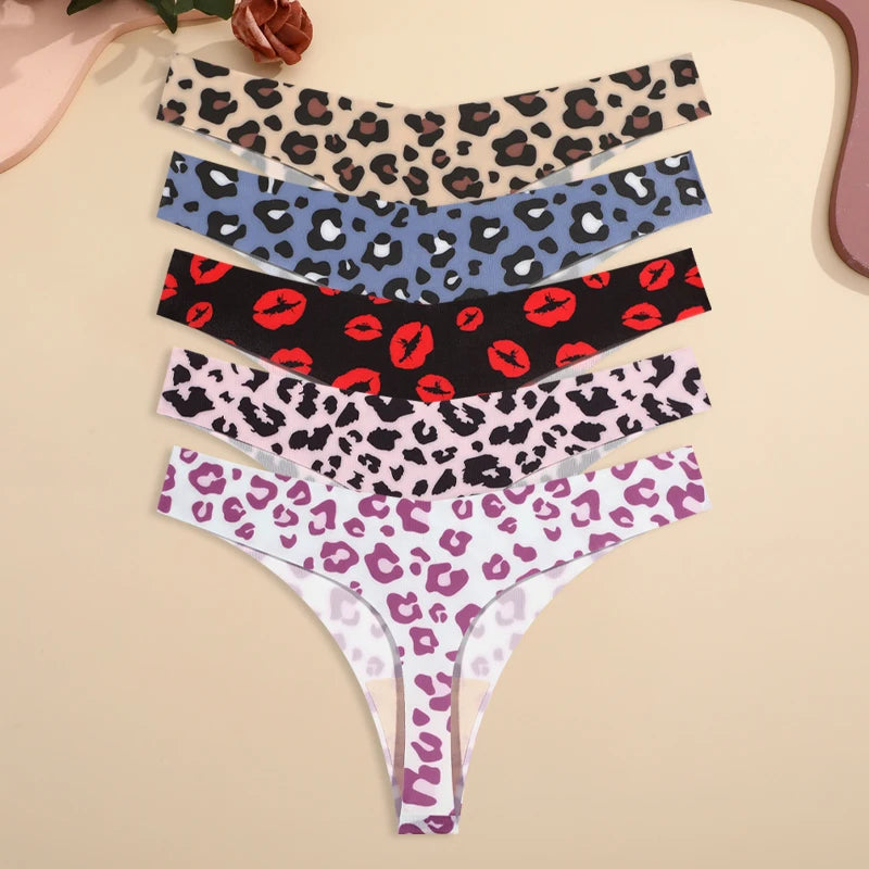 5-Pack Ice Silk Printed Thongs — Seamless Low-Rise G-String Panties