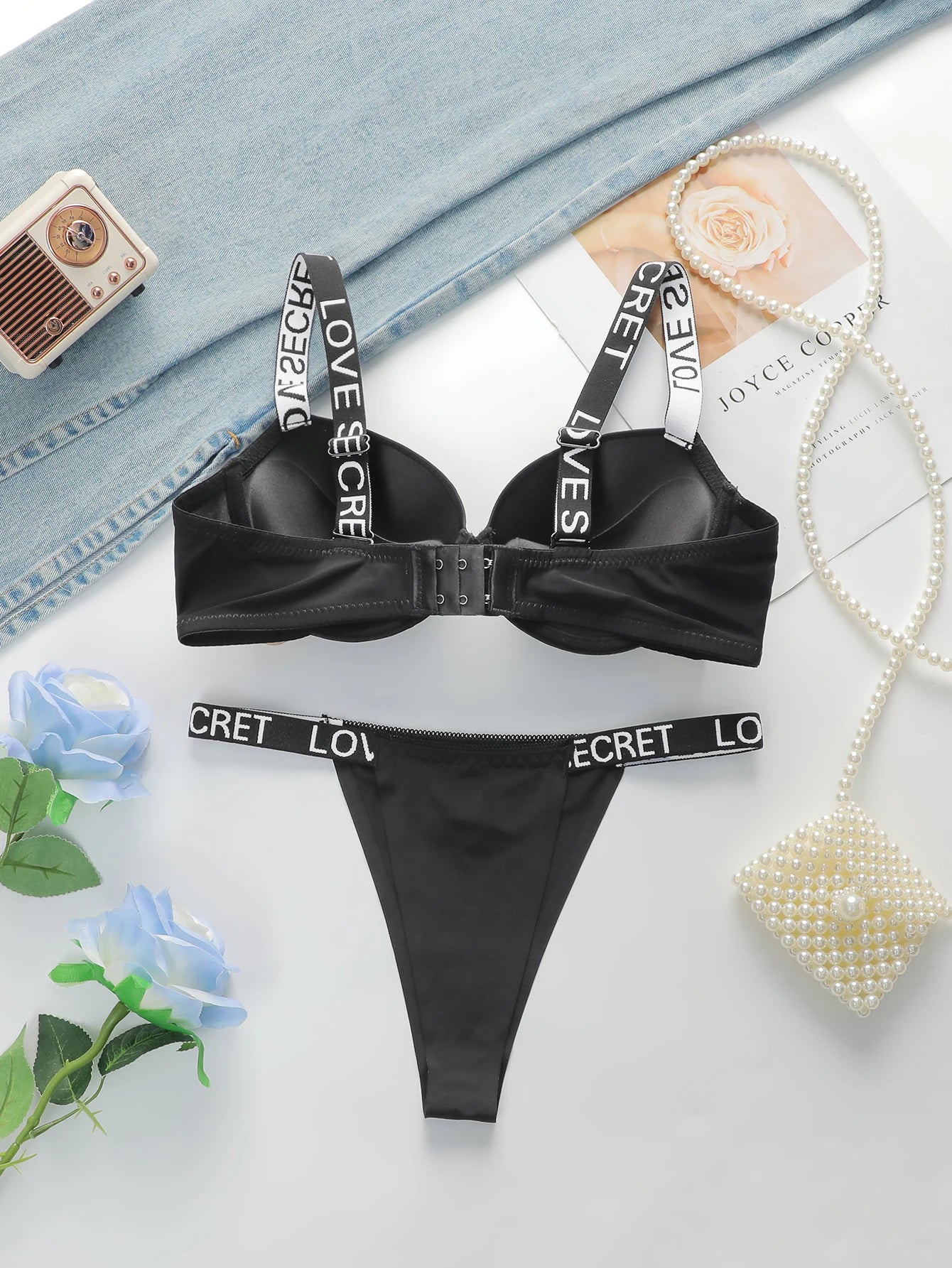Letter Strap Push-Up Bra & Thong Set — Underwire Half Cup | Women's Sexy Lingerie