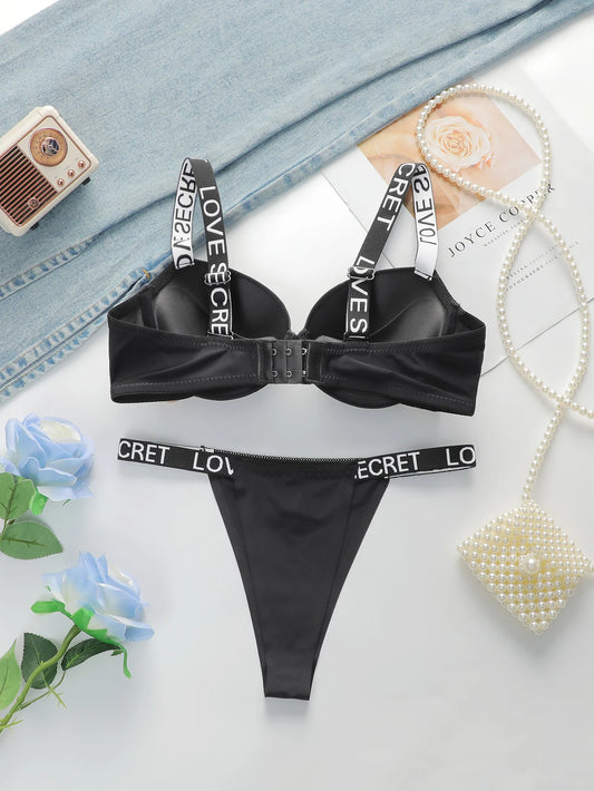 Letter Strap Push-Up Bra & Thong Set — Underwire Half Cup | Women's Sexy Lingerie