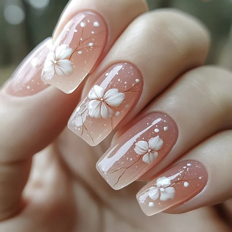 Short Square Press-On Nails - Purple Floral & Gradient French, 24 Pieces