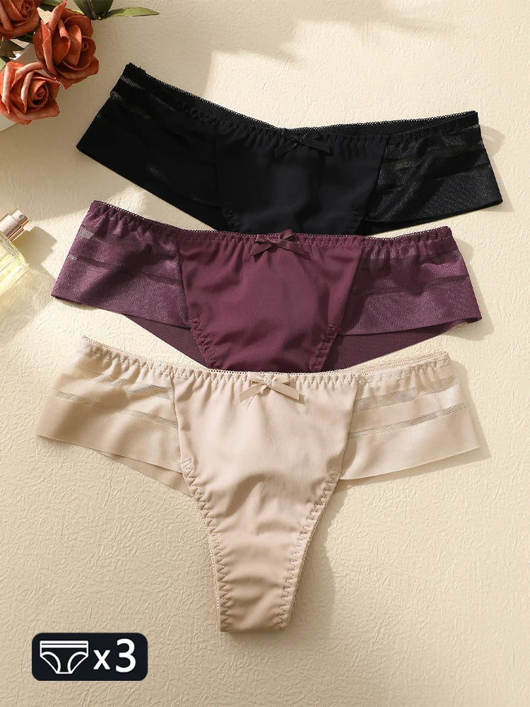 3-Pack Lace Hollow-Out Bow Thongs — Silky Low-Rise G-String Panties