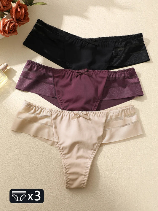 3-Pack Lace Hollow-Out Bow Thongs — Silky Low-Rise G-String Panties