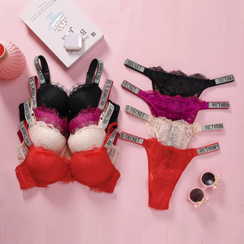 Women's Sheer Patterned Push-Up Bra & Panty Set – Breathable Lace Trim Lingerie