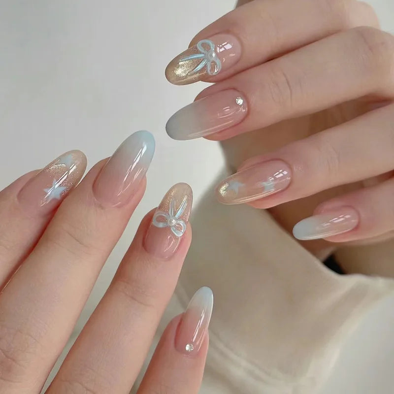 Handmade Almond Press-On Nails - Butterfly, French & Pearl Designs, 24 Pieces