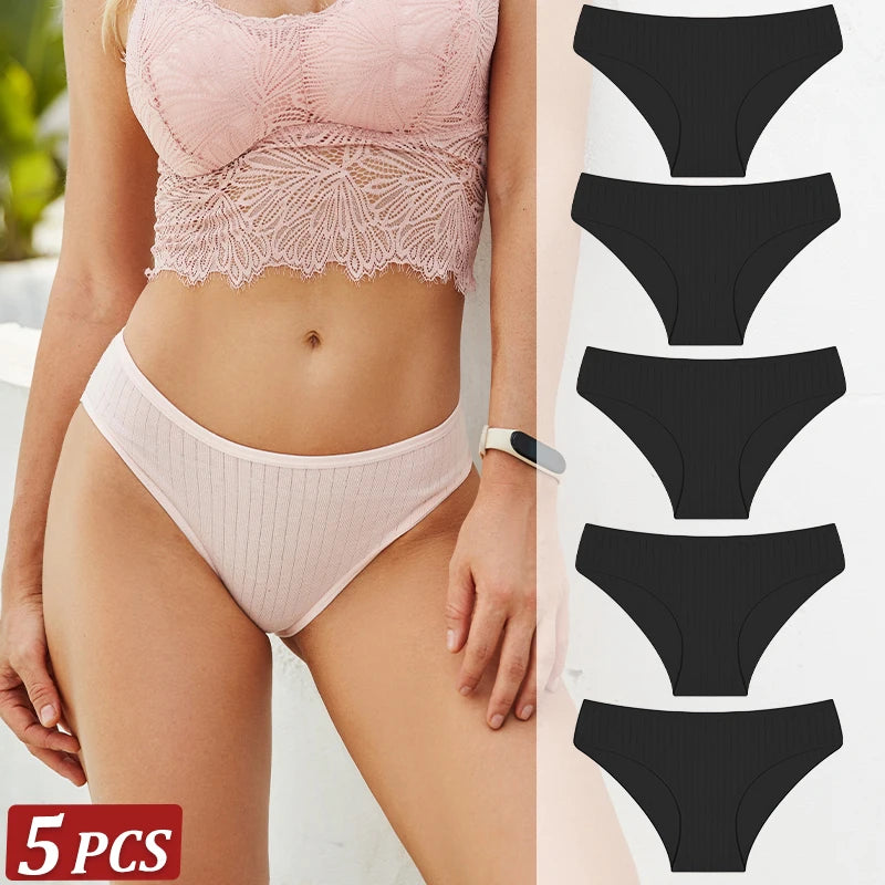 5-Pack Cotton Striped & Solid Brief Panties – Breathable Low-Rise Underwear for Women (M–XL, 12 Color Sets)