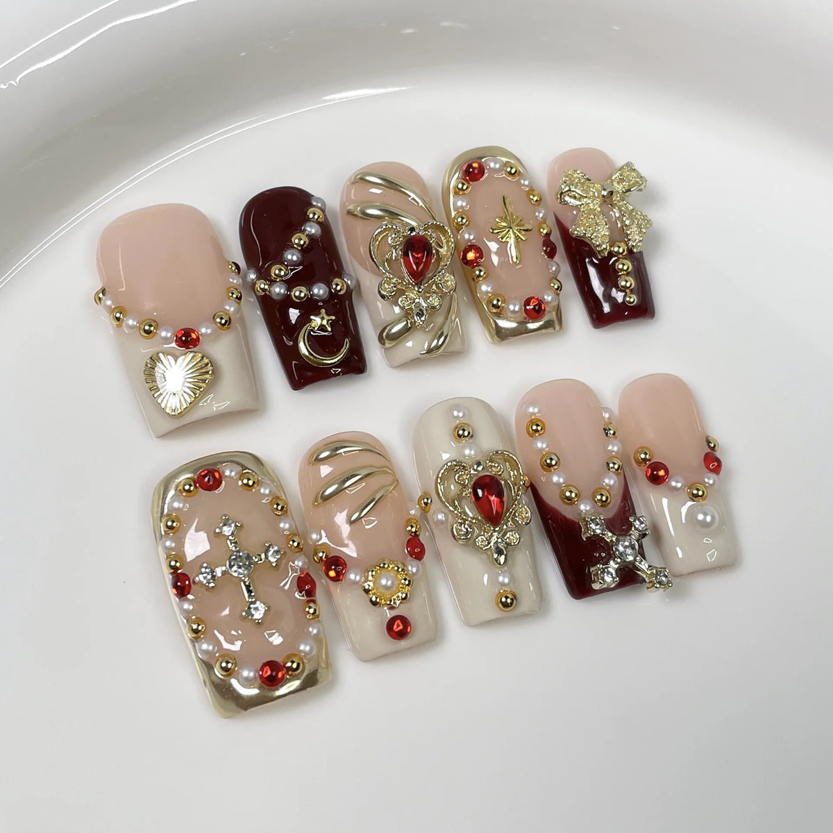 10Pcs 3D Green Flower Handmade Press on Nails French Fake Nails Wearable Stick-on Nails False Nail Uñas Накладные Ногти 네일팁
