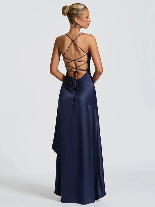 Tiered Satin Split Maxi Dress – Backless V-Neck Spaghetti Strap