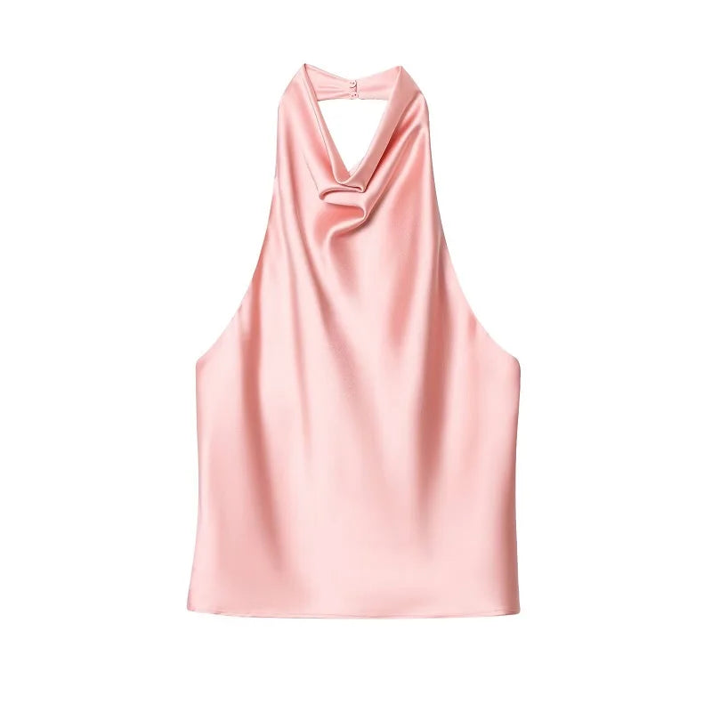 Satin Halter Cowl-Neck Backless Top — Women's Camisole