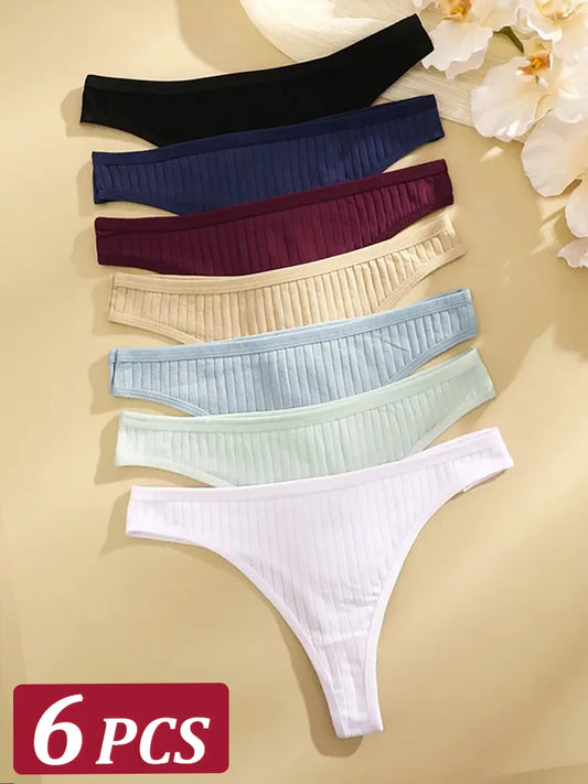 6-Pack Ribbed Cotton G-String Thongs – Low-Rise Underwear for Women (S–XL, 4 Color Sets)
