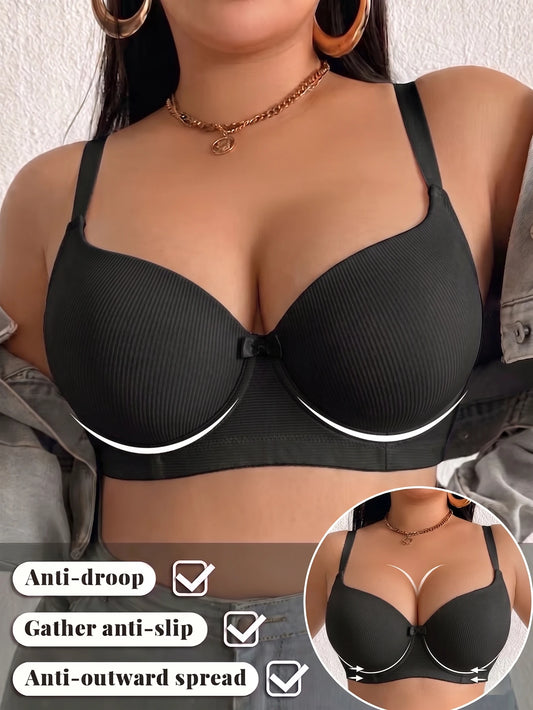 Plus Size Ribbed Push-Up Bra — Wide Strap Underwire Side Gather | Women's Bra