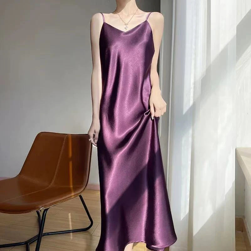 French Elegant Satin Camis Dress Women Summer Loose with Ribbon Midi Dress Female Fashion Aesthetic Party Evening Slip Dress