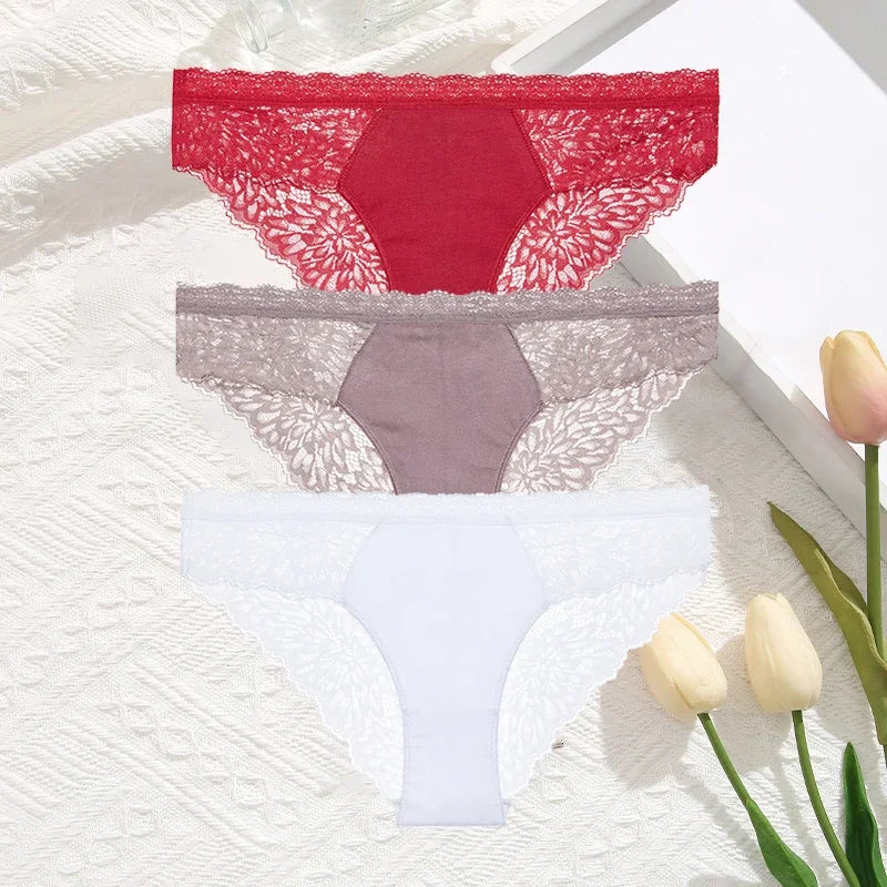 3-Pack Seamless Lace Hollow-Out Brief Panties – Soft Breathable Low-Rise Underwear for Women (S–XL, 20 Color Sets)