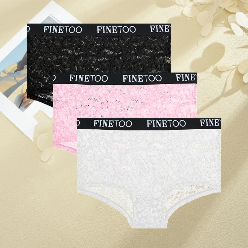 FINETOO 3Pcs Lace Hollow Out Boyshorts Underwear Women's Elastic Belt Panties Sexy Transparent Floral Briefs Breathable Lingerie