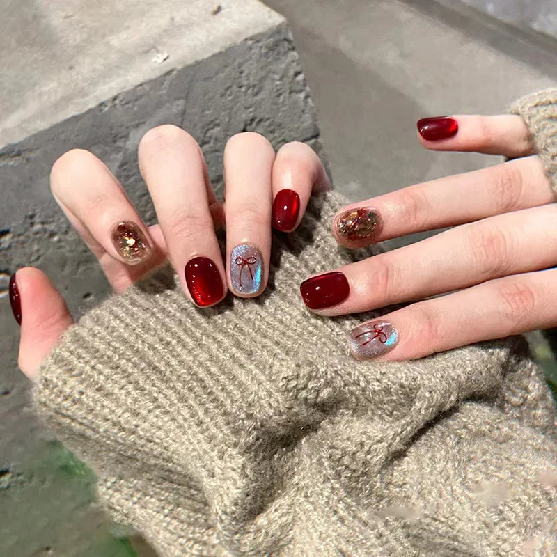 Short Press-On Nails - French Tip, Bow & Glitter Designs, 24 Pieces