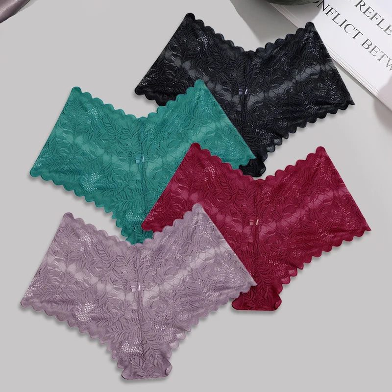 4-Pack All-Over Floral Lace Boyshorts — Hollow-Out Scalloped Low-Rise Panties