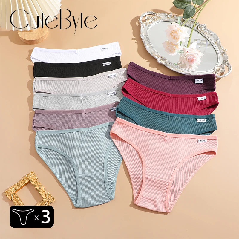 3-Pack Plus Size Cotton Brief Panties – Soft Breathable Low-Rise Underwear for Women (M–4XL, 11 Color Sets)