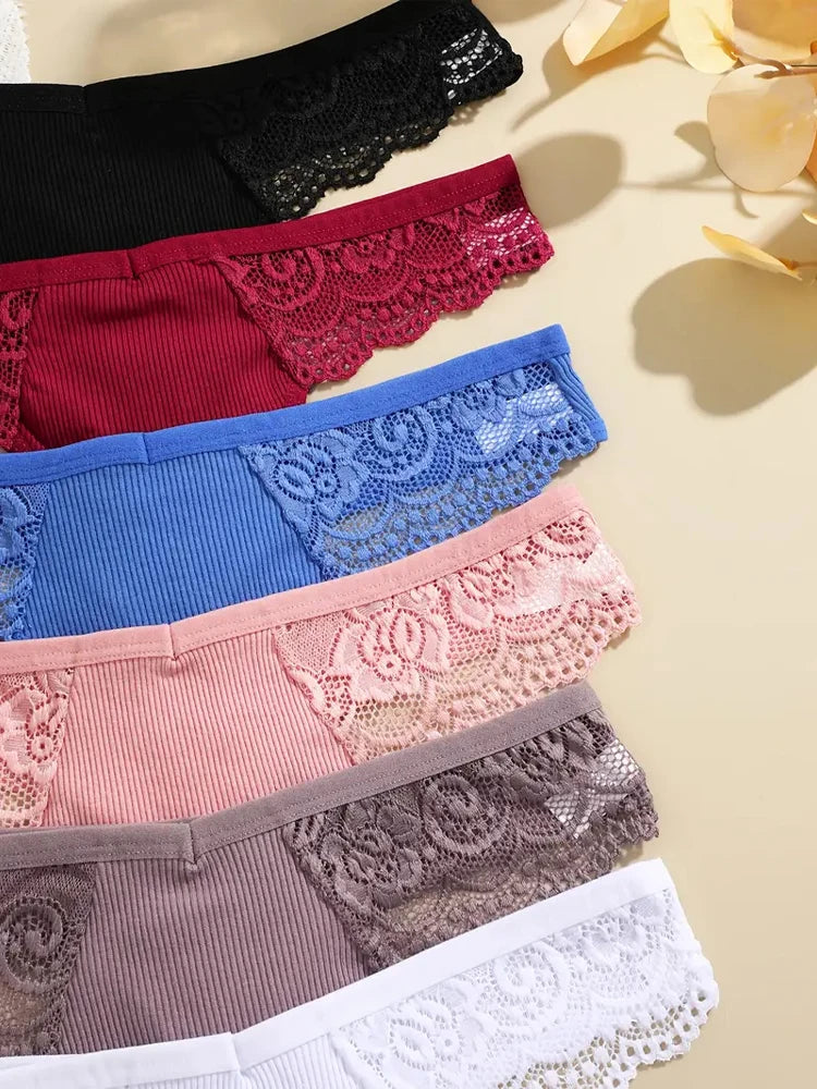 7-Pack Cotton Lace-Waist Thongs — Low-Rise Ribbed G-String Panties