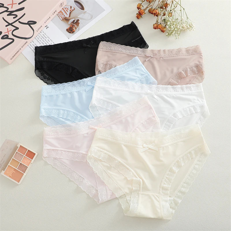 4Pcs Ice Silk Lace Panties Seamless Soild Underwear For Women Sexy Ultra-thin Breathable Briefs Girls Soft Transparent Lingerie