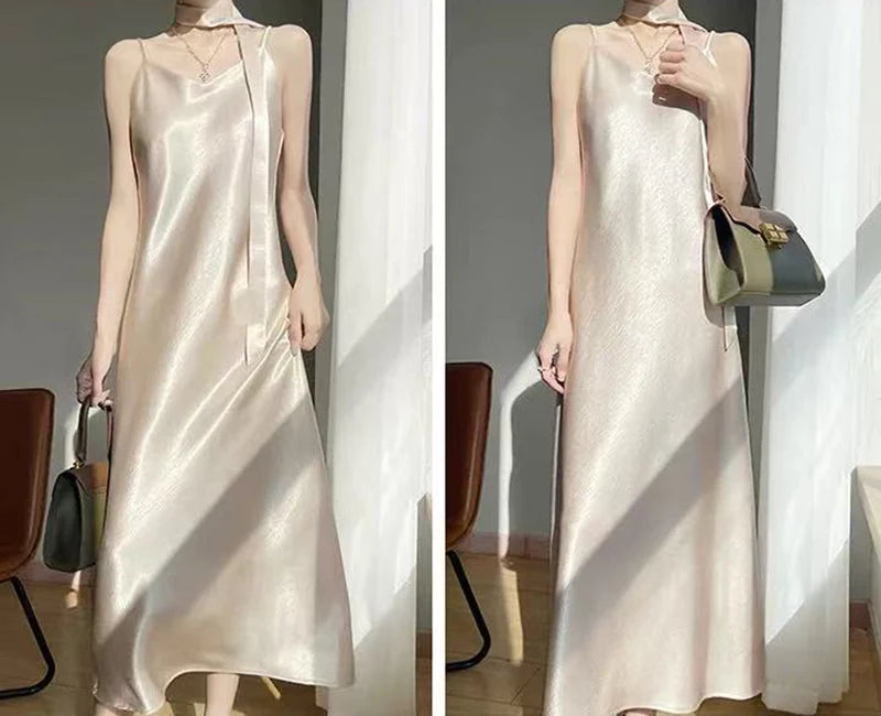 French Elegant Satin Camis Dress Women Summer Loose with Ribbon Midi Dress Female Fashion Aesthetic Party Evening Slip Dress