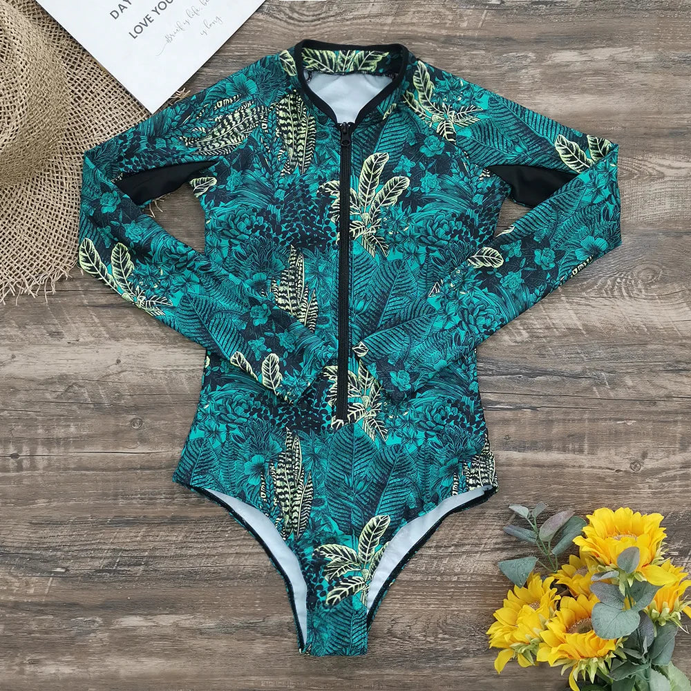 Color Block Surfing One-Piece Swimsuit — Long Sleeve Zipper | Women's Sport Swimwear