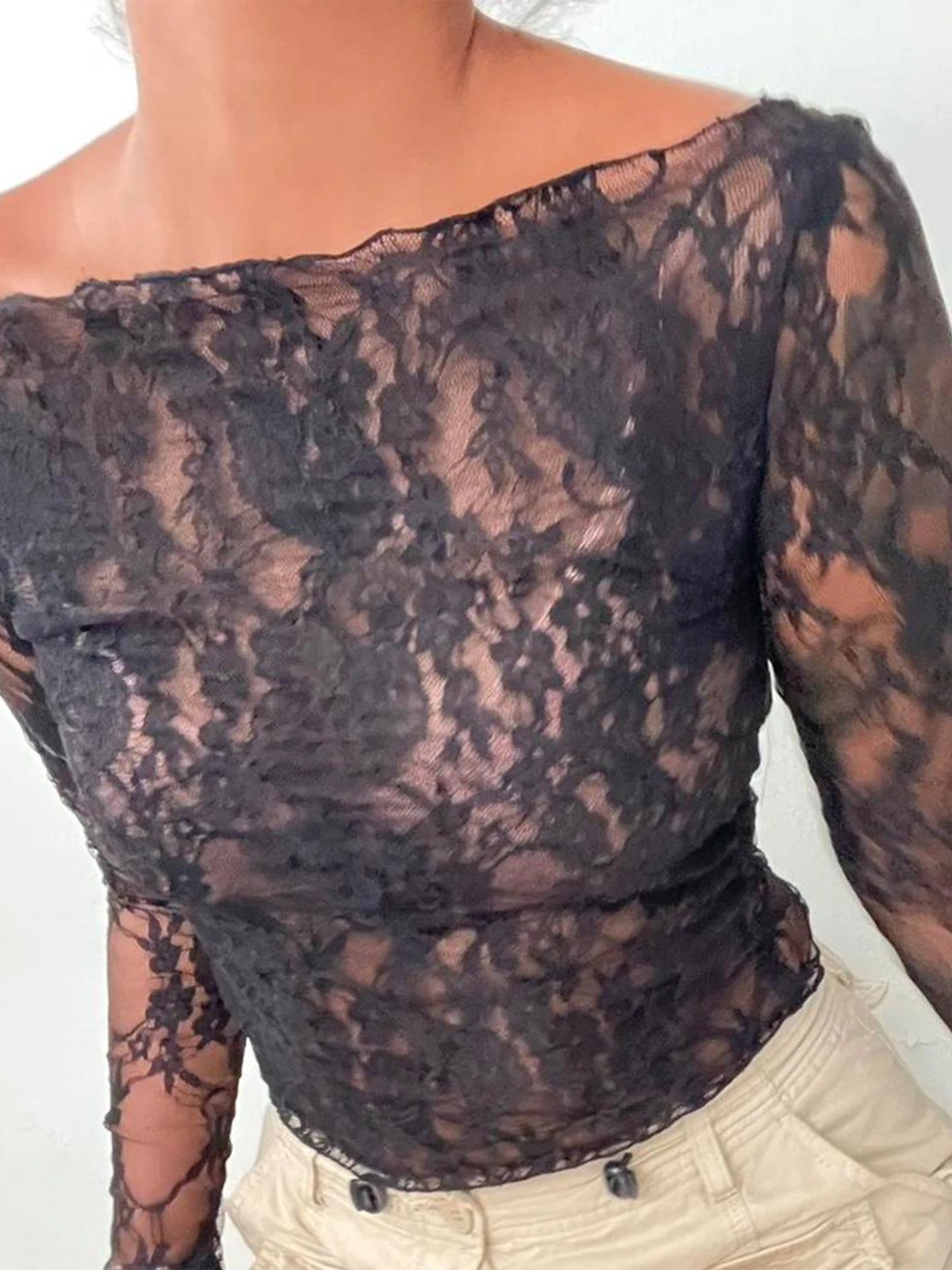 Sexy Women Lace Mesh Sheer Crop Tops Long Sleeve See Through T Shirt Going Out Tops Slim Fit Cover Up Blouse Top