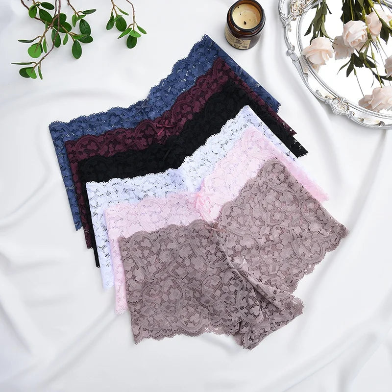 Bow-Trim Lace Boyshort Panty – Low-Rise Breathable Underwear for Women (S–XL, 6 Colors)