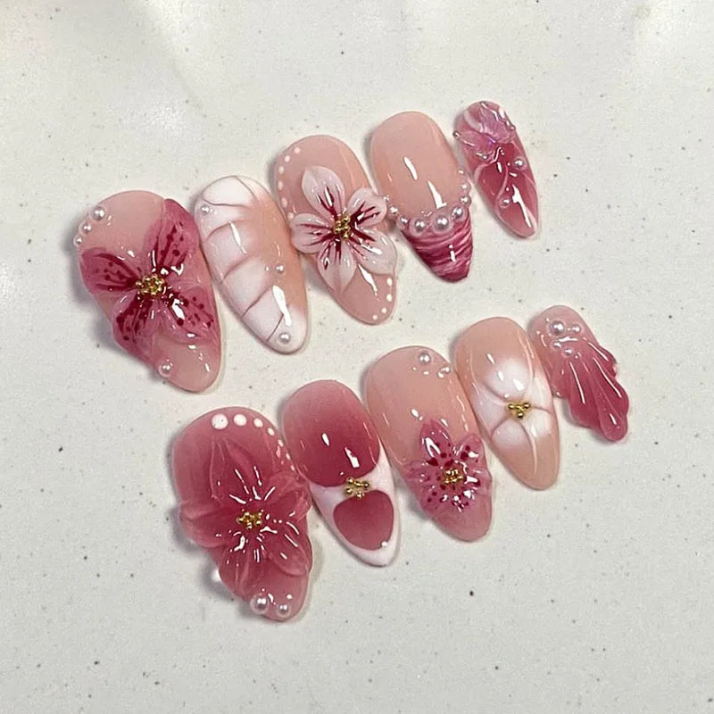 Almond Press-On Nails - 3D Floral, Butterfly & French Tip, 24 Pieces