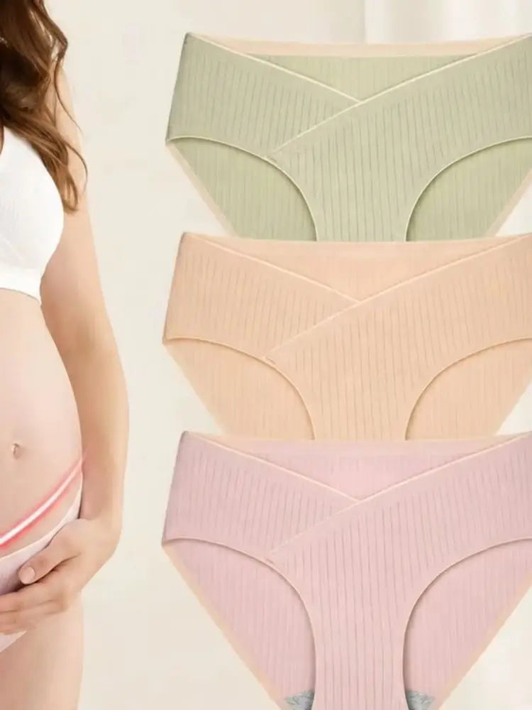 3Pcs Ribbed Cotton Maternity Underwear Low Rise V Waist  Soft Pregnancy Briefs , Ideal Summer Daily Wear Maternity Panties