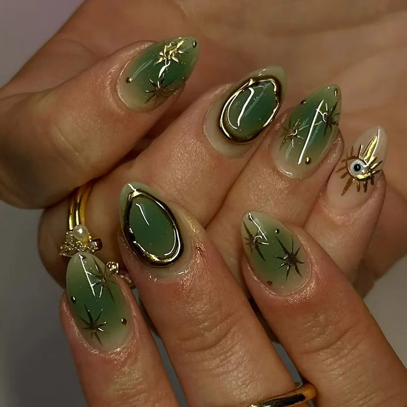 Medium Almond Cat Eye Press-On Nails - Glitter & Gold-Tone Designs, 24 Pieces
