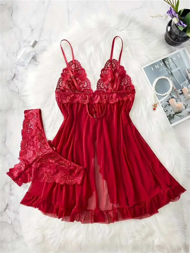 Lace Babydoll Lingerie Set — Floral Embroidery Slip Dress & Panty | Women's Intimate Wear