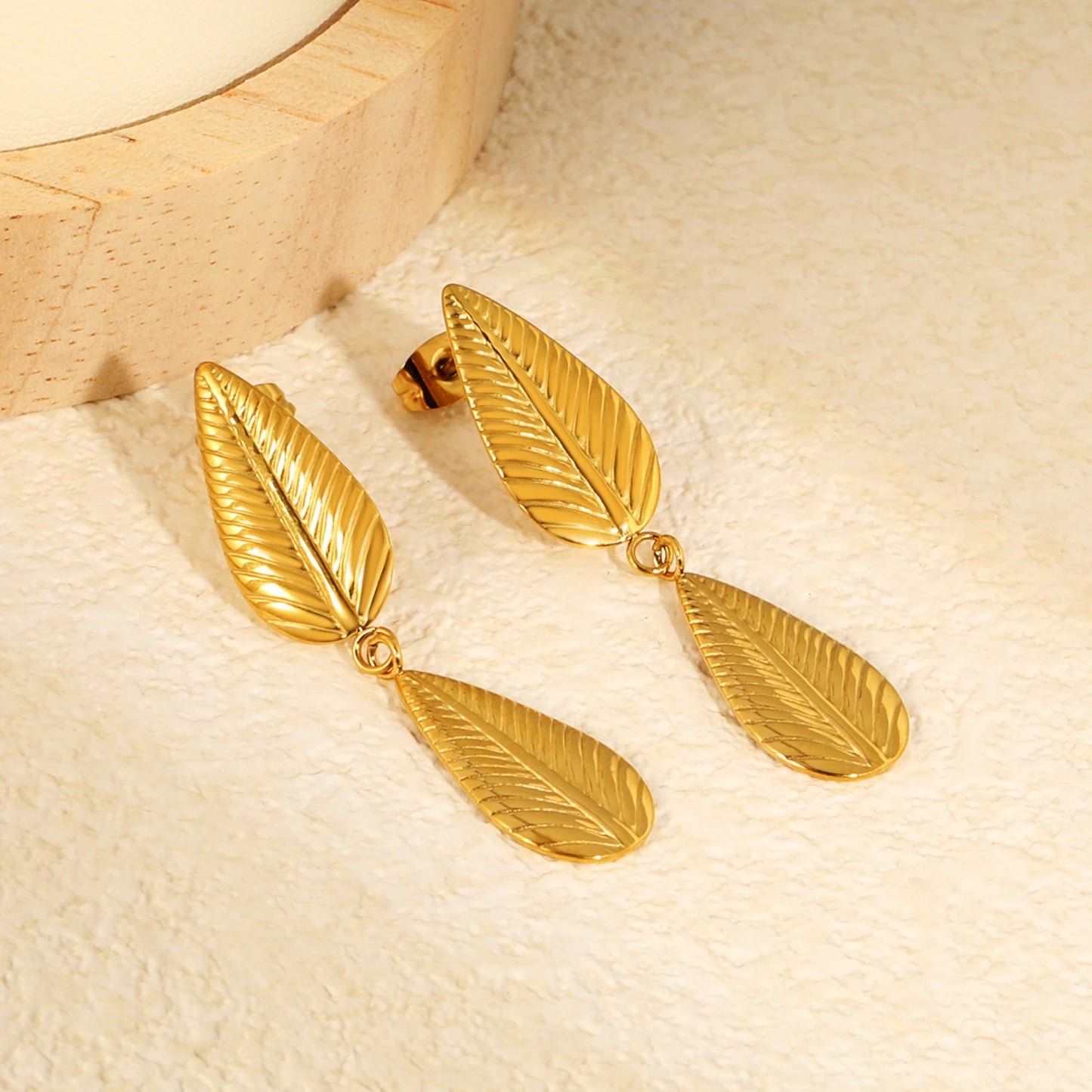 Leaf Drop Earrings – 18K Gold-Plated Textured Plant Leaf Dangle Earrings for Women