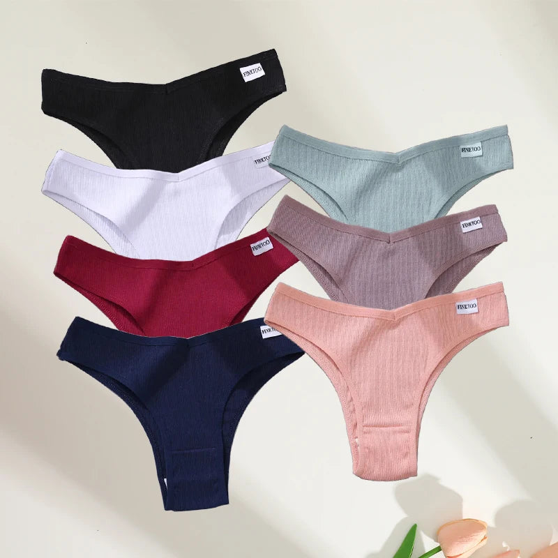FINETOO 7Pcs Cotton Striped Brazilian Panties Women's Underwear Low-Waist Breathable Briefs Female Low-Rise T-Back Lingerie M-XL