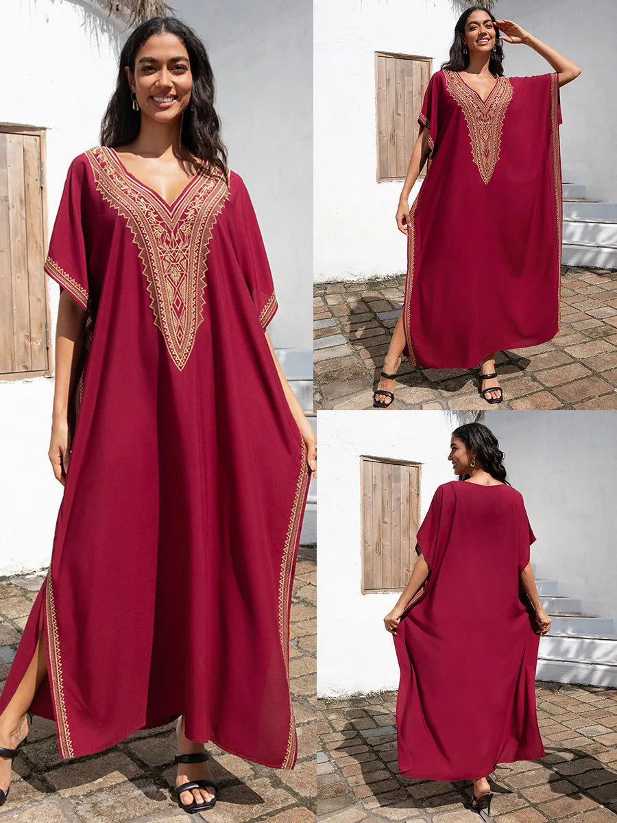 Embroidery Beach Cover-Up Kaftan — Loose V-Neck Long Robe | Women's Swimsuit Cover-Up
