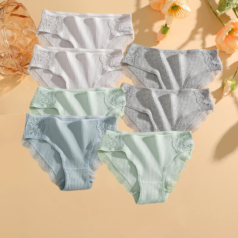 FINETOO 7PCS Cotton Underwear Women's Panties Set Comfort Underpants Floral Lace Briefs For Woman Sexy Low-Rise Pantys Intimates